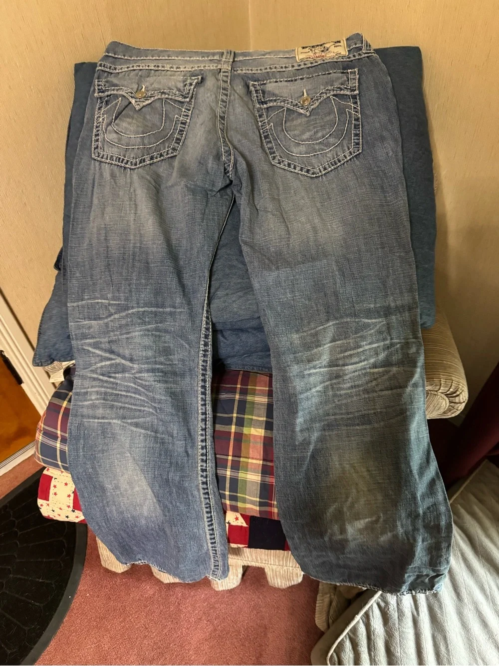 True Religion Men's Straight Jeans in Distressed Dark Blue